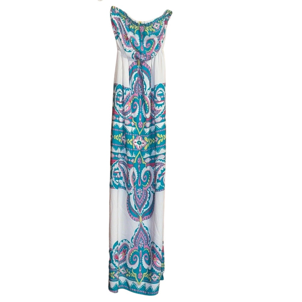 •PINK OWL•NWOB BOUTIQUE WHITE & TEAL STRAPLESS PAISLEY MAXI DRESS SIZE SMALL